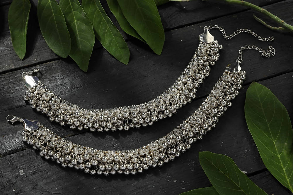 Mominos Fashion Kamal Johar Oxidised Heavy Silver Anklets | Swadesiicart
