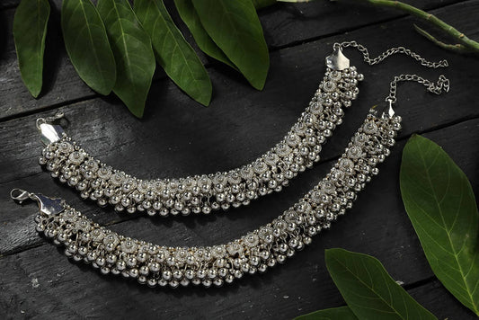 Mominos Fashion Kamal Johar Oxidised Heavy Silver Anklets | Swadesiicart