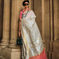 Petunia Flower Whitesoft Handloom Sik Zari & Thread Work, Contrast Pallu Saree - Rajtex Kube Silk - Swadesiicart