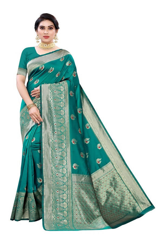 Vamika Banarasi Jacquard Weaving Green Saree (Siri Green) | Swadesiicart