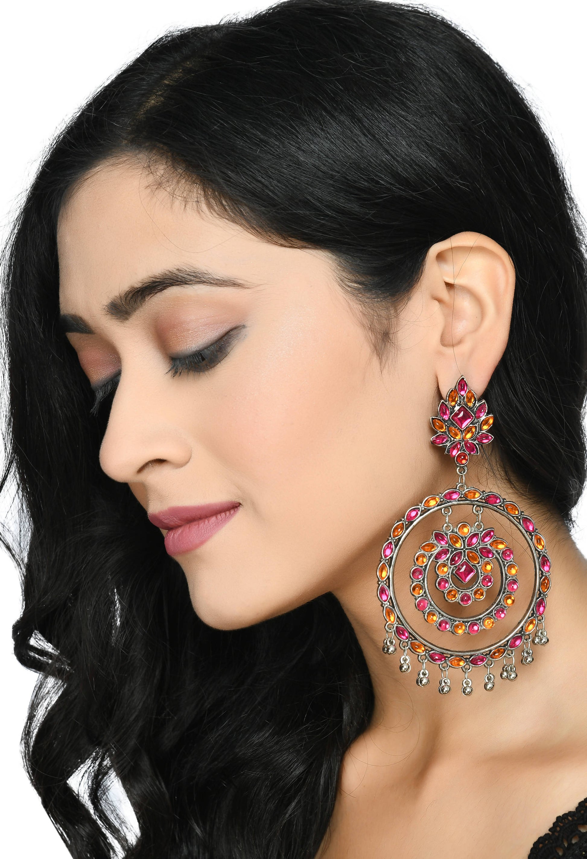 Mominos Fashion Johar Kamal Women's Pink & Orange Kundan Circles Earrings - Swadesiicart
