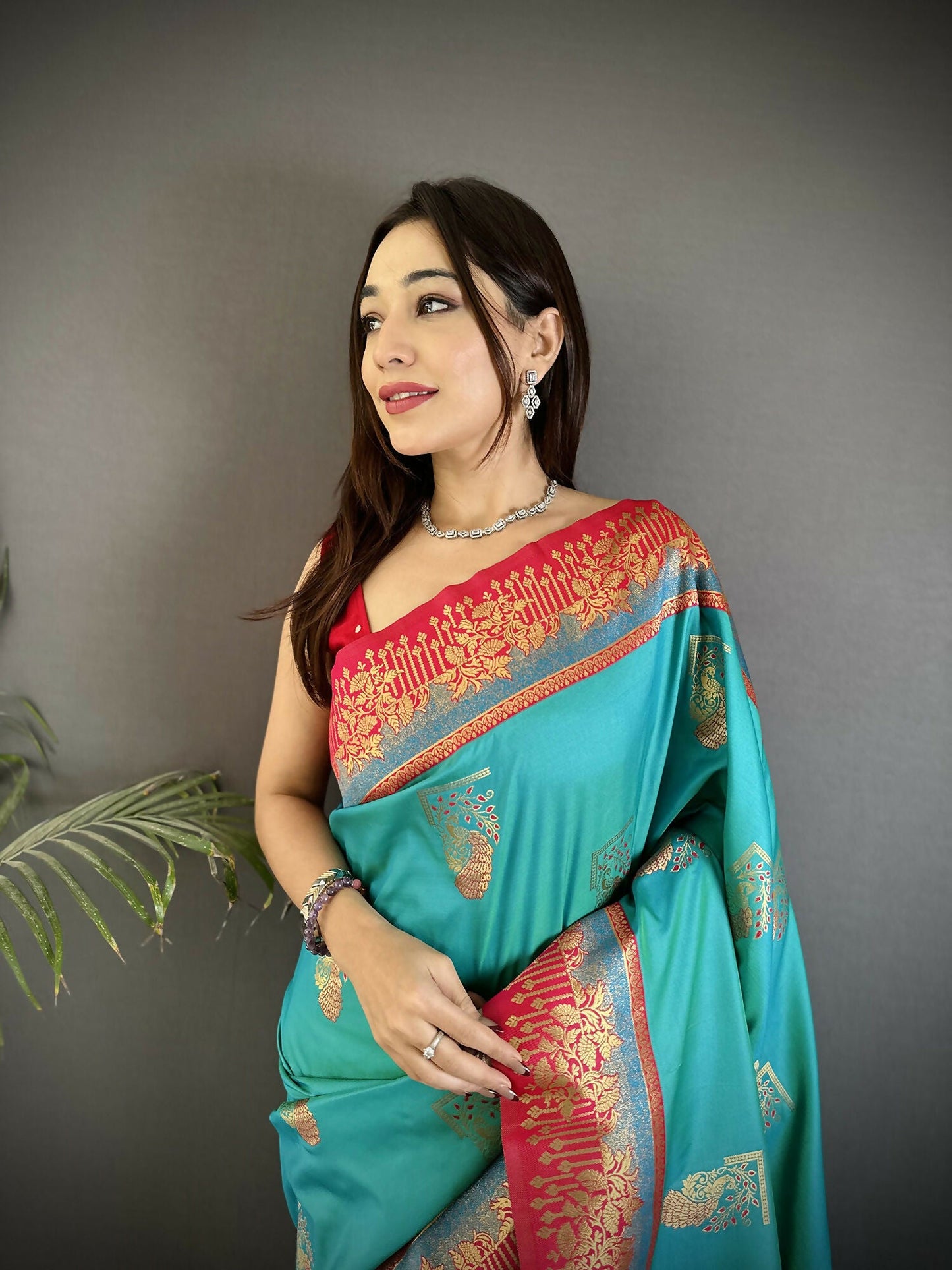 Joban Fashion Aqua Green Banarasi Soft Silk Peacock Butta Work Saree | Swadesiicart