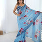 Blue Chinon Designer Digital Printed,Mirror Cut Work Saree - Elayna