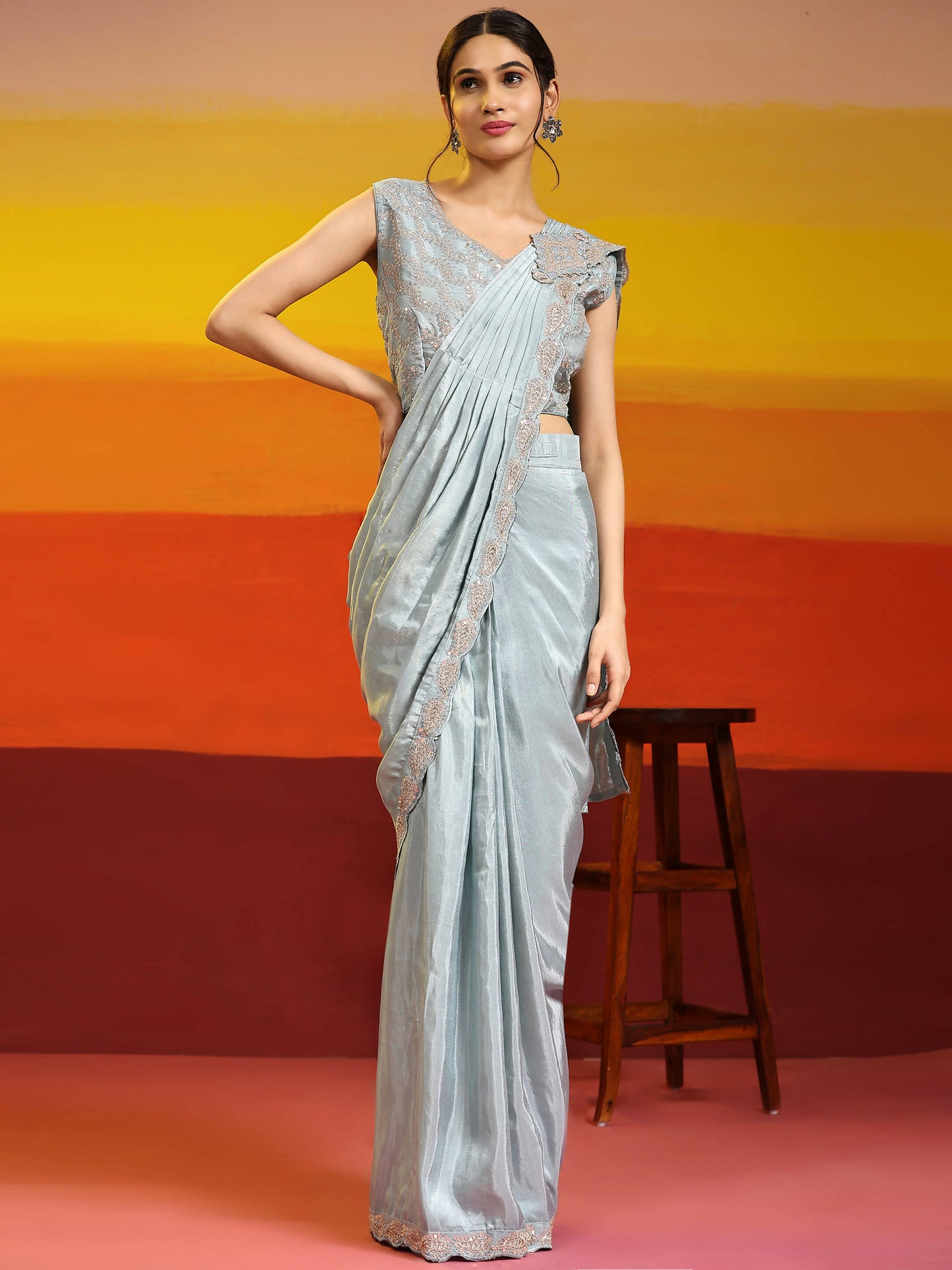 Sky Blue Silk Satin Plain Ready to wear Saree with stitched Blouse - Vrinda | Swadesiicart