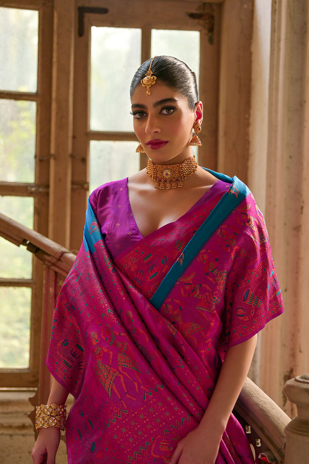 Vishnu Weaves Women's Firozi Banarasi Silk Kalamkari Zari Woven Saree with Blouse - Swadesiicart