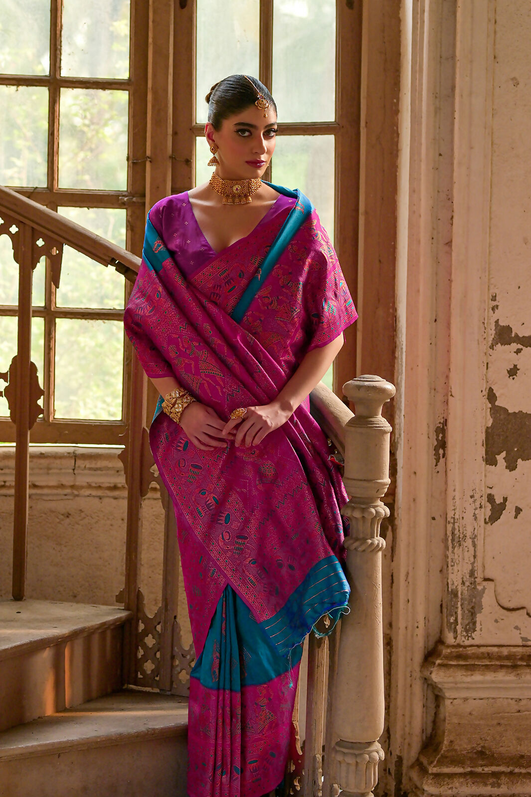 Vishnu Weaves Women's Firozi Banarasi Silk Kalamkari Zari Woven Saree with Blouse - Swadesiicart