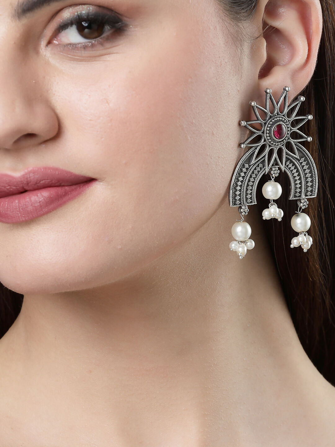 NVR Women's Floral Silver-Plated Artificial Stones and Beads Drop Earrings | Swadesiicart