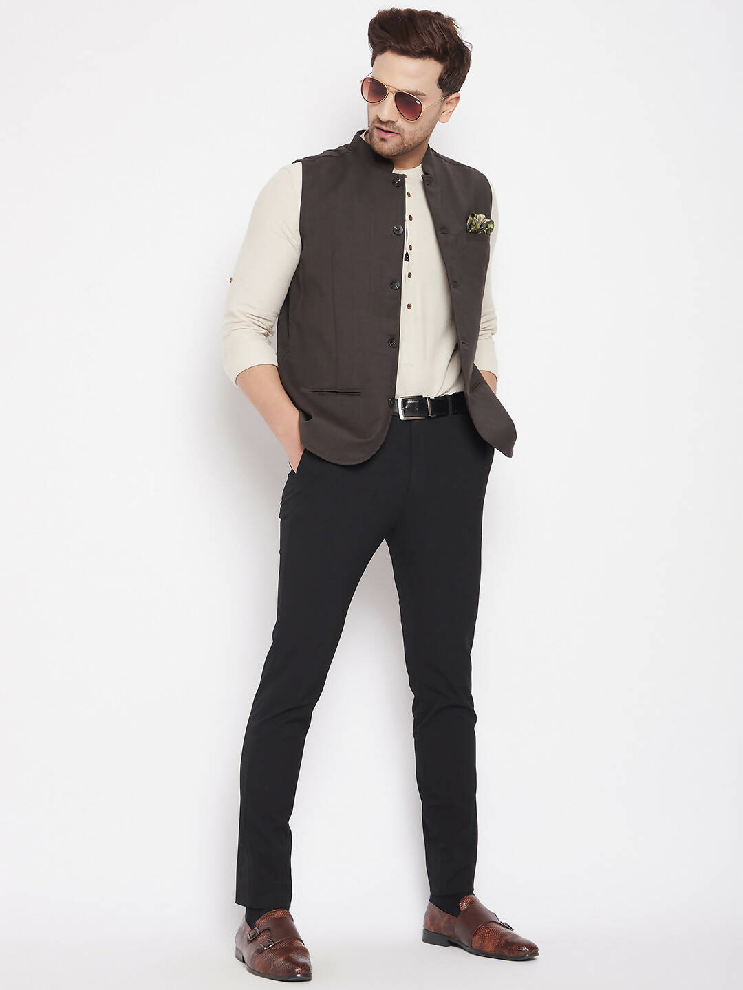 Even Apparels Brown Merino Men Woven Nehru Jacket | Swadesiicart