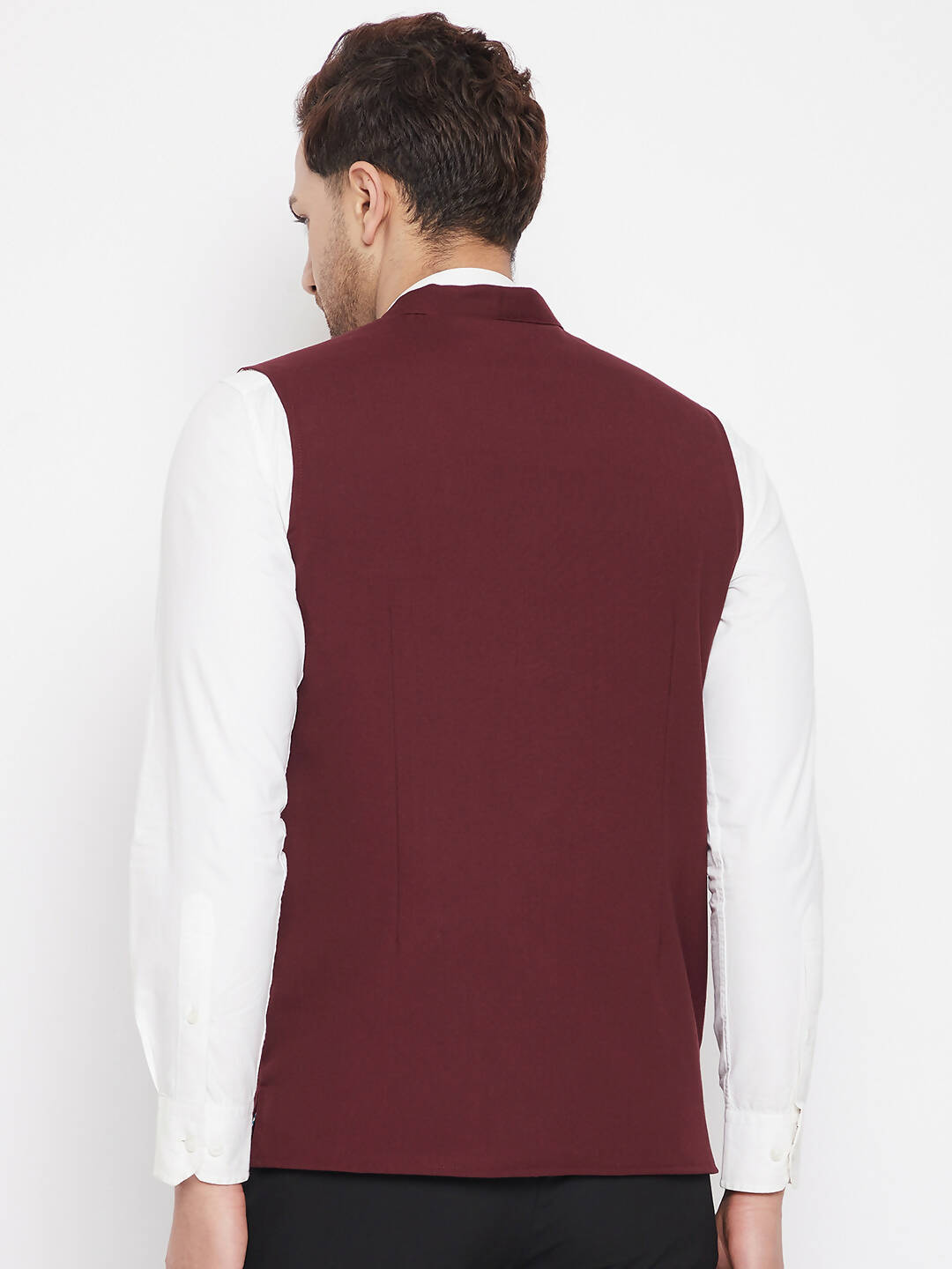 Even Apparels Maroon Merino Men's Nehru Jacket-Contrast Lining-Inbuilt Pocket Square | Swadesiicart