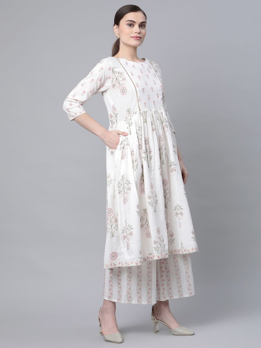 Ahalyaa Women's Off White Pure Cotton Printed Kurta Palazzo Set | Swadesiicart