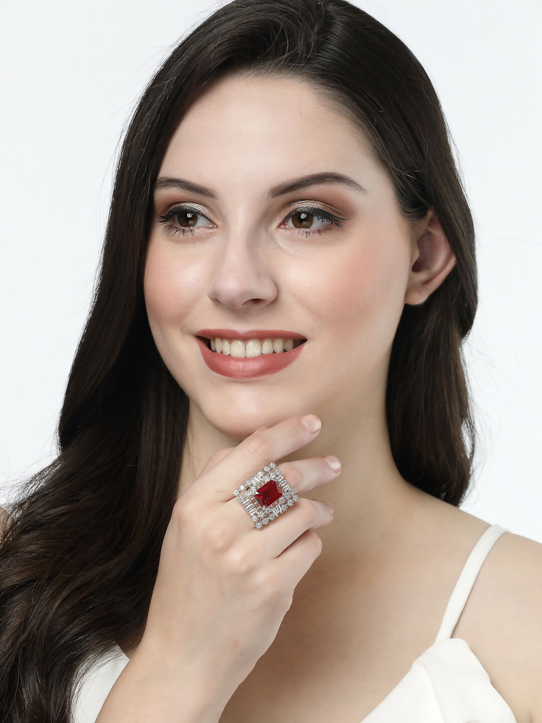 NVR Women's Red & Silver CZ-Studded Square-Shaped Adjustable Finger Ring | Swadesiicart