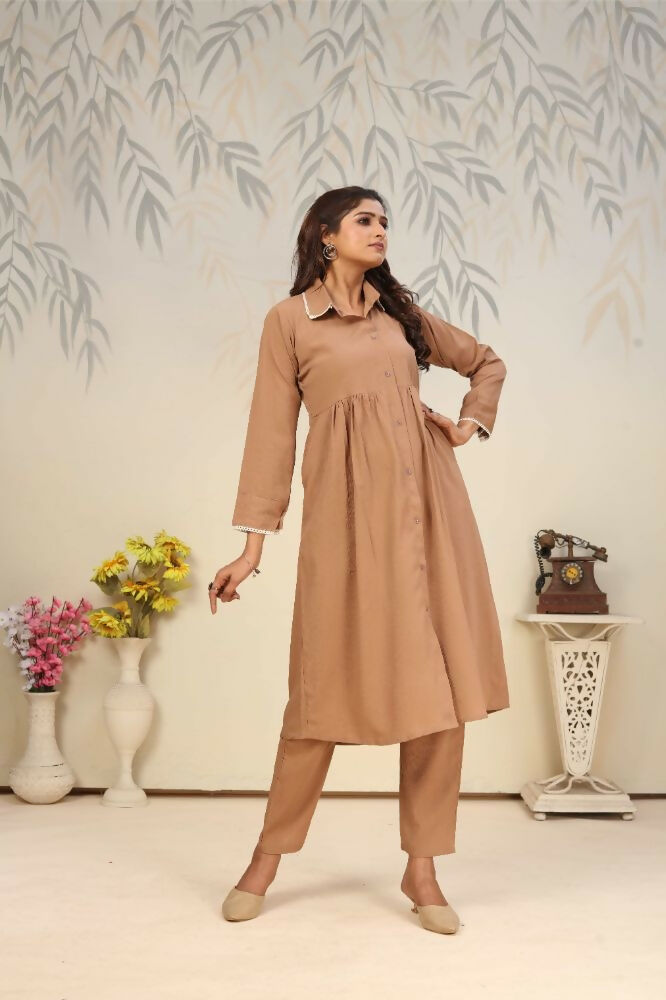 Jyoti Fashion Women's Beige Rinkal Cotton Plain with Side Pocket Kurtis & Sets | Swadesiicart
