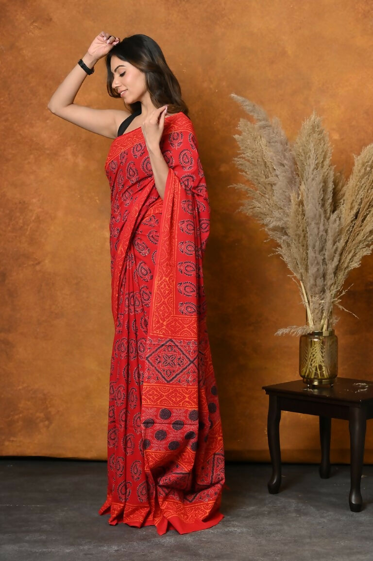 Very Much Indian Handblock Printed Cotton Saree With Natural Dyes - Red | Swadesiicart