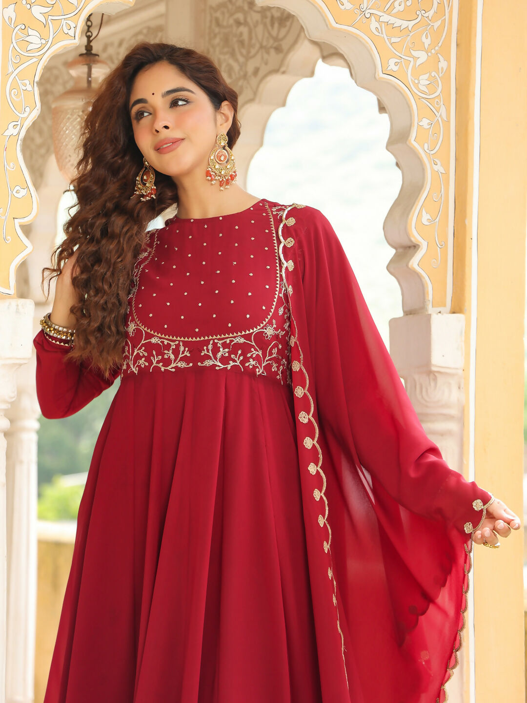 Janasya Maroon Georgette Embroidered Kurta,Bottom & Dupatta | Swadesiicart