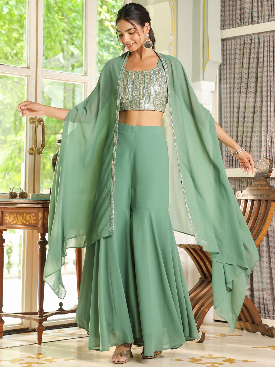Janasya Sage Green Georgette Sequined Top Bottom Cape | Swadesiicart