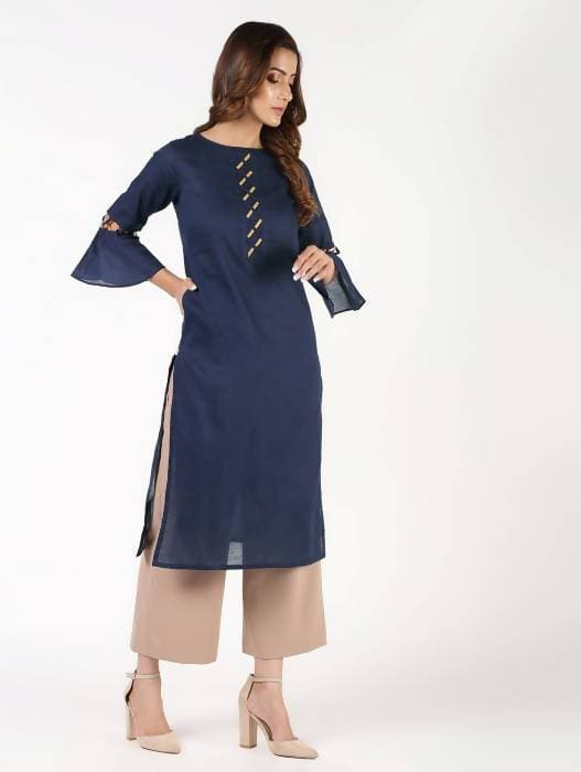Aniyah Cotton Criss Cross Bell Sleeves Navy Blue Straight Kurta (AN-145K) - Swadesiicart