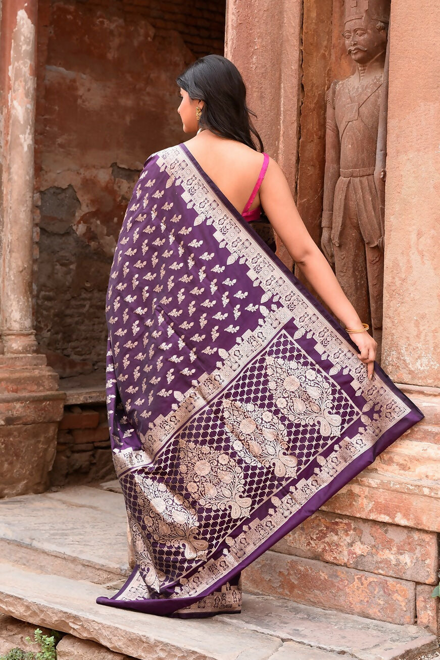Joban Fashion Plum Purple Hand Woven & Zari Work Katan Pure Handloom Banarasi Silk Saree | Swadesiicart