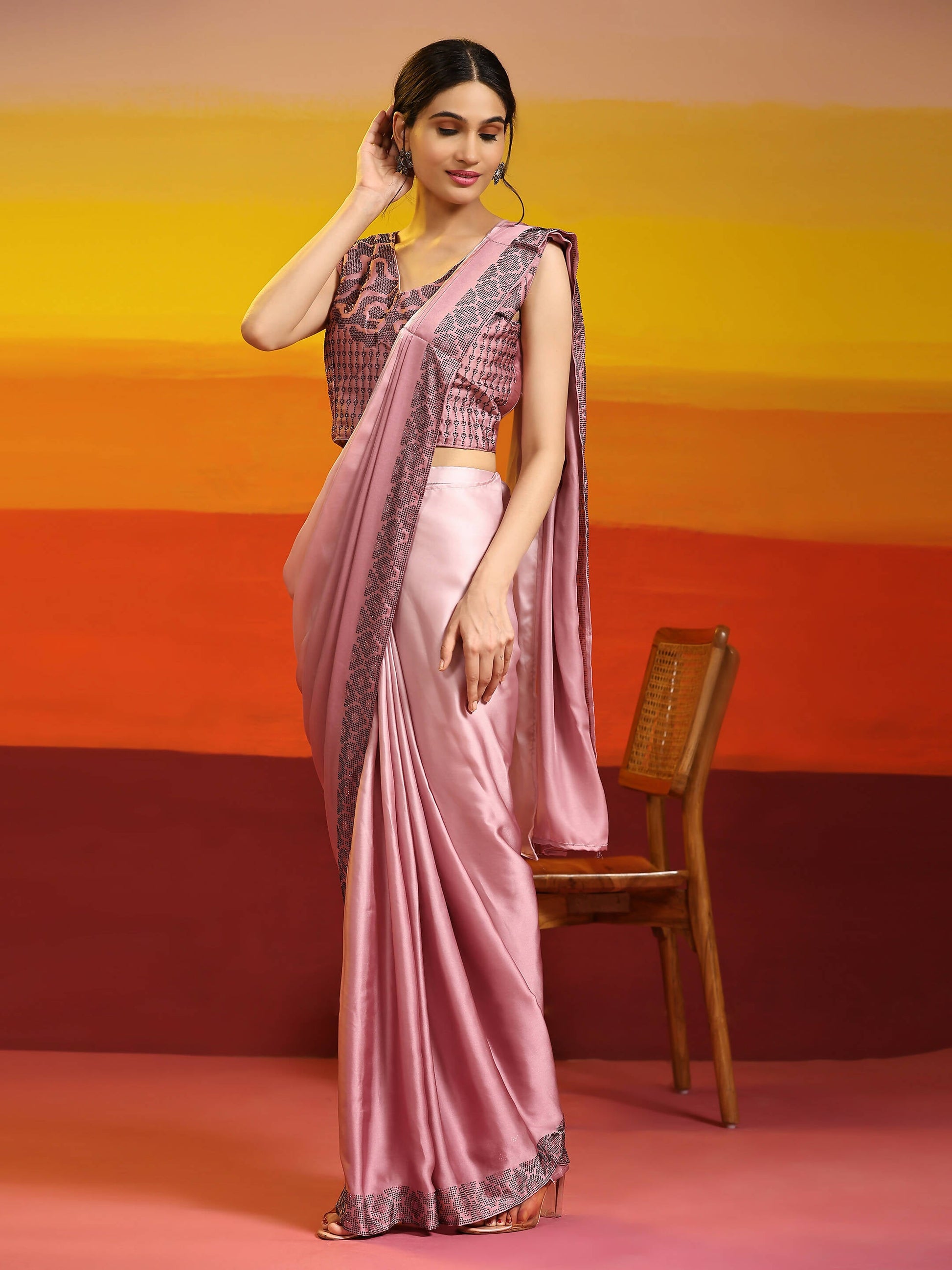 Purple Ombre Satin Georgette Plain Ready to wear Saree with stitched Blouse - Vrinda | Swadesiicart