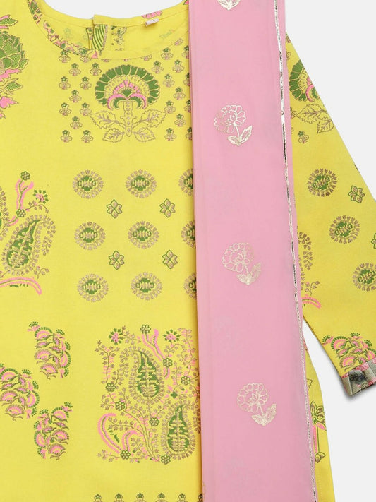 Ahalyaa Yellow Viscose Rayon Straight Kids Kurta Pants With Dupatta For Girls | Swadesiicart