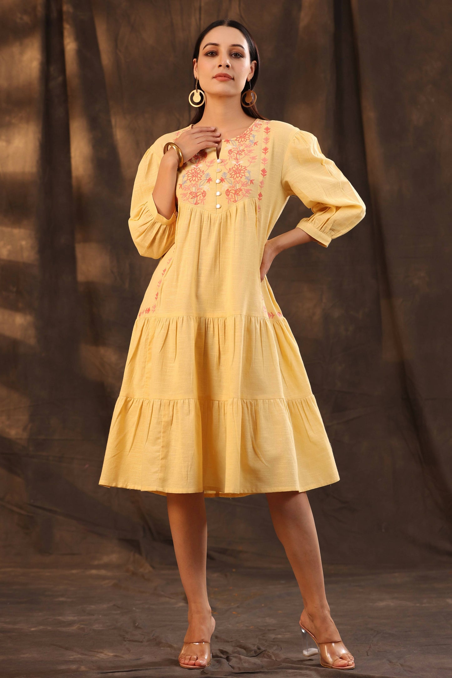 Juniper Women's Yellow Cotton Slub Solid Embroidered Tiered Dress | Swadesiicart