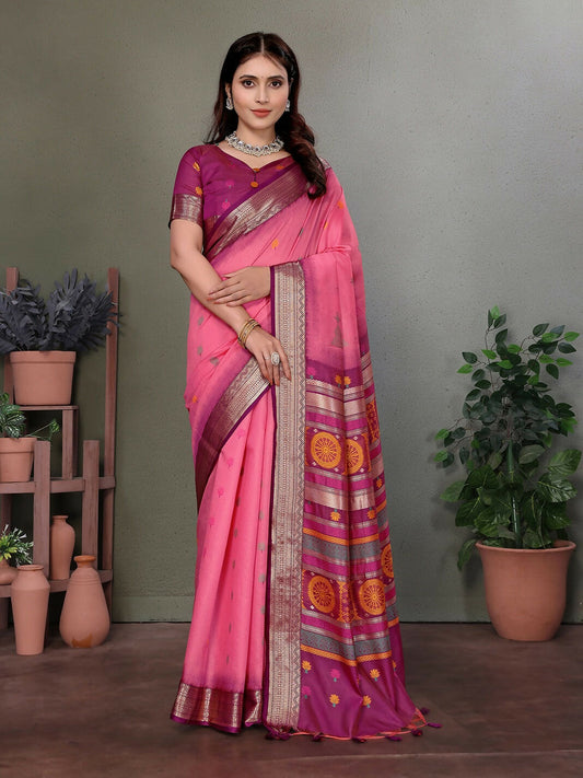 Joban Fashion Pink Floral Banarasi Silk Sarees | Swadesiicart