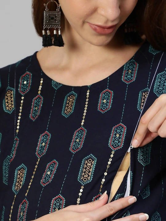 Anubhutee Navy Blue Ethnic Motifs Maternity A-Line Midi Dress | Swadesiicart