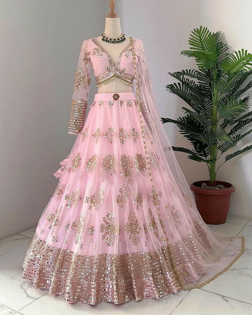 Jyoti Fashion Women's Baby Pink Butterfly Net 9MM Sequins with Thread Embroidered Designer Lehenga Choli Set | Swadesiicart