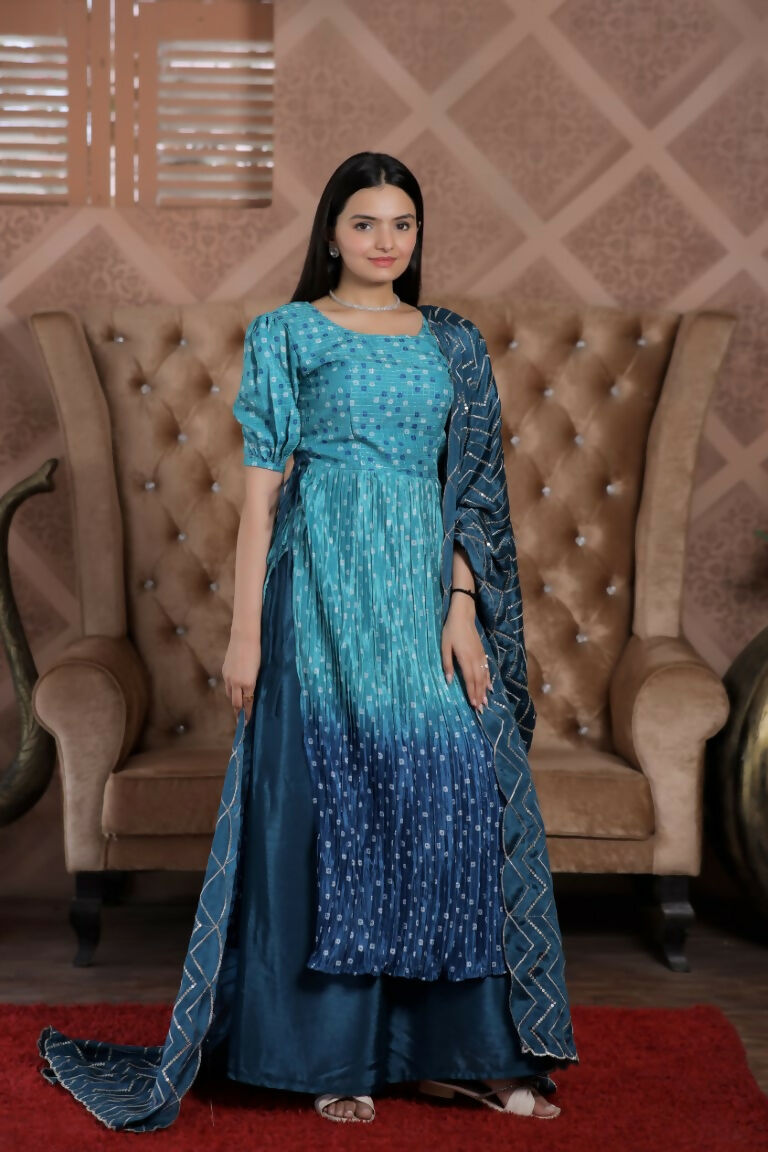 Jyoti Fashion Women's Blue Muslin Floral Print with Crush Pleating Kurta with Trouser & Dupatta | Swadesiicart
