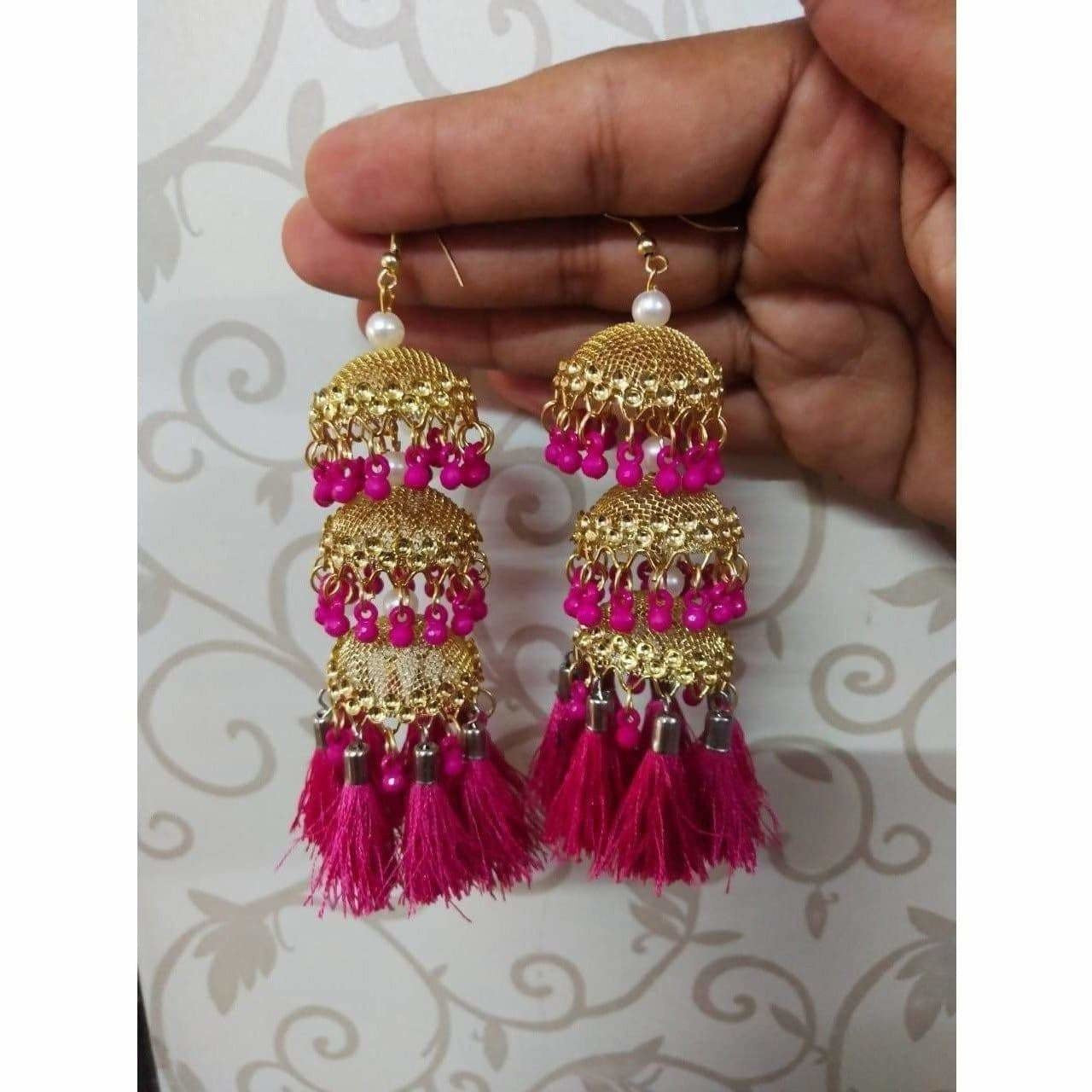 MS Fashion India Gold Color Pink Pearls And Silk Threads Hanging Jhumka Earrings | Swadesiicart
