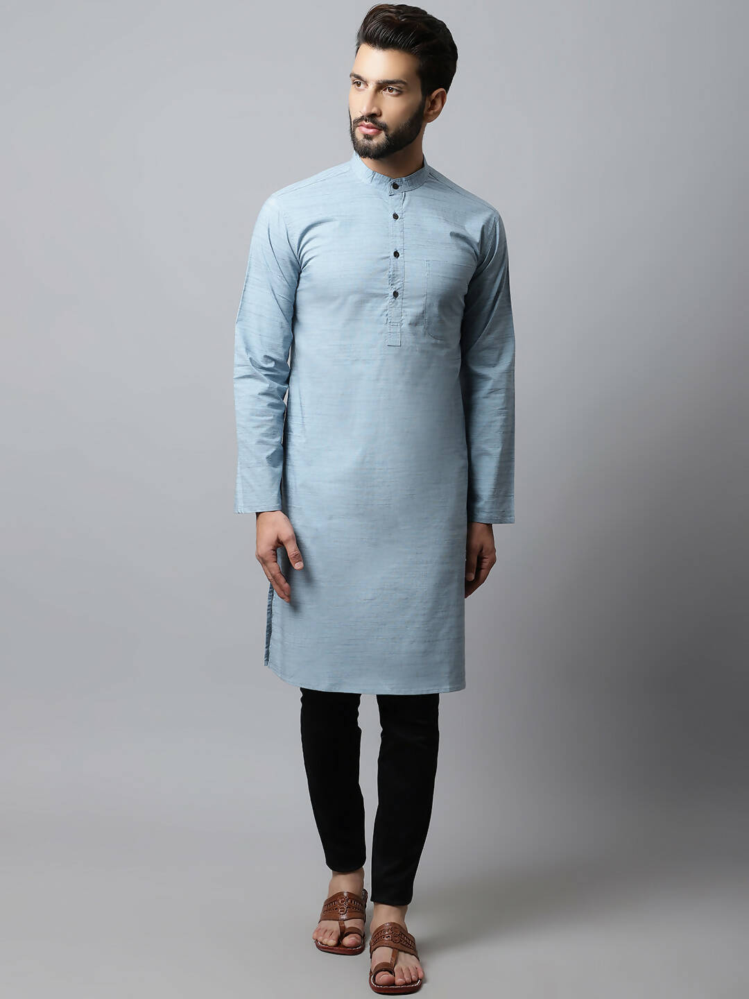 Even Apparels Blue Color Cotton Pure Cotton Men's Kurta With Side Placket (SLD1156) | Swadesiicart