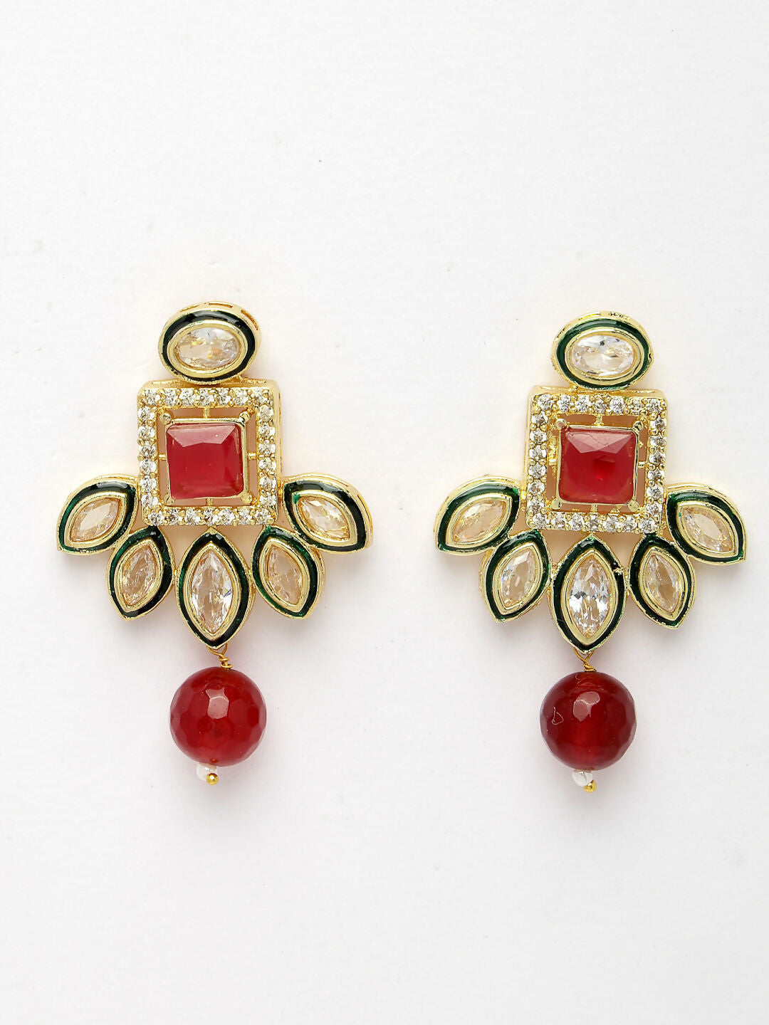 NVR Women's Red Kundan-Studded & Beaded Handcrafted Jewellery Set - Swadesiicart
