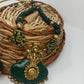 Terracotta Dark Green Crown Pendant Long Necklace Set Paired with Hanging Temple Jhumkas | Swadesiicart