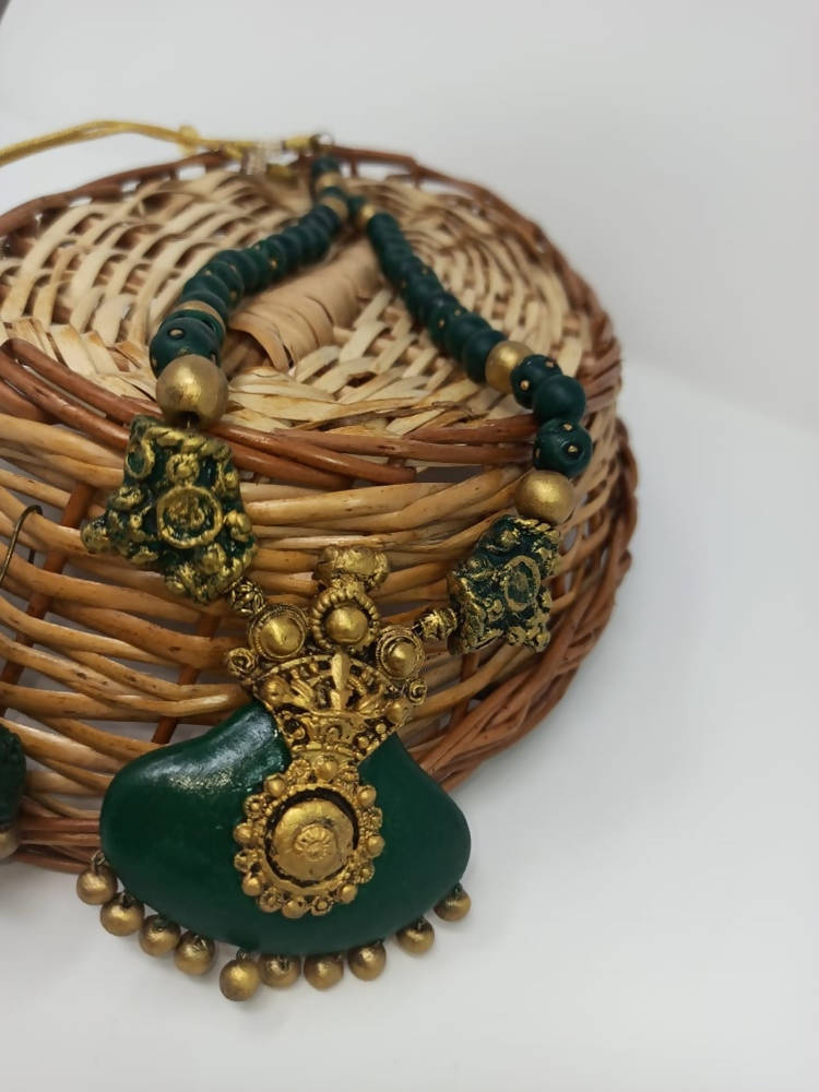 Terracotta Dark Green Crown Pendant Long Necklace Set Paired with Hanging Temple Jhumkas | Swadesiicart