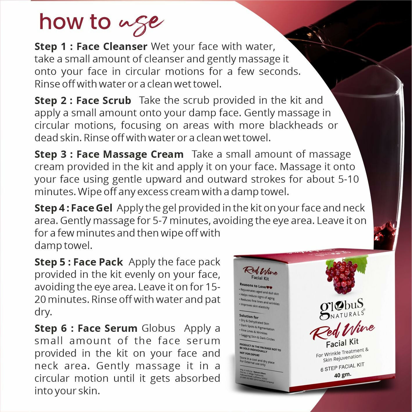 Globus Naturals Anti-Ageing Red Wine 6 Step Facial Kit | Swadesiicart