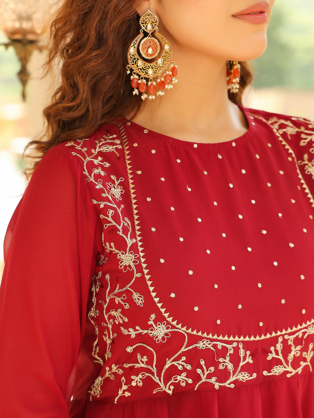 Janasya Maroon Georgette Embroidered Kurta,Bottom & Dupatta | Swadesiicart