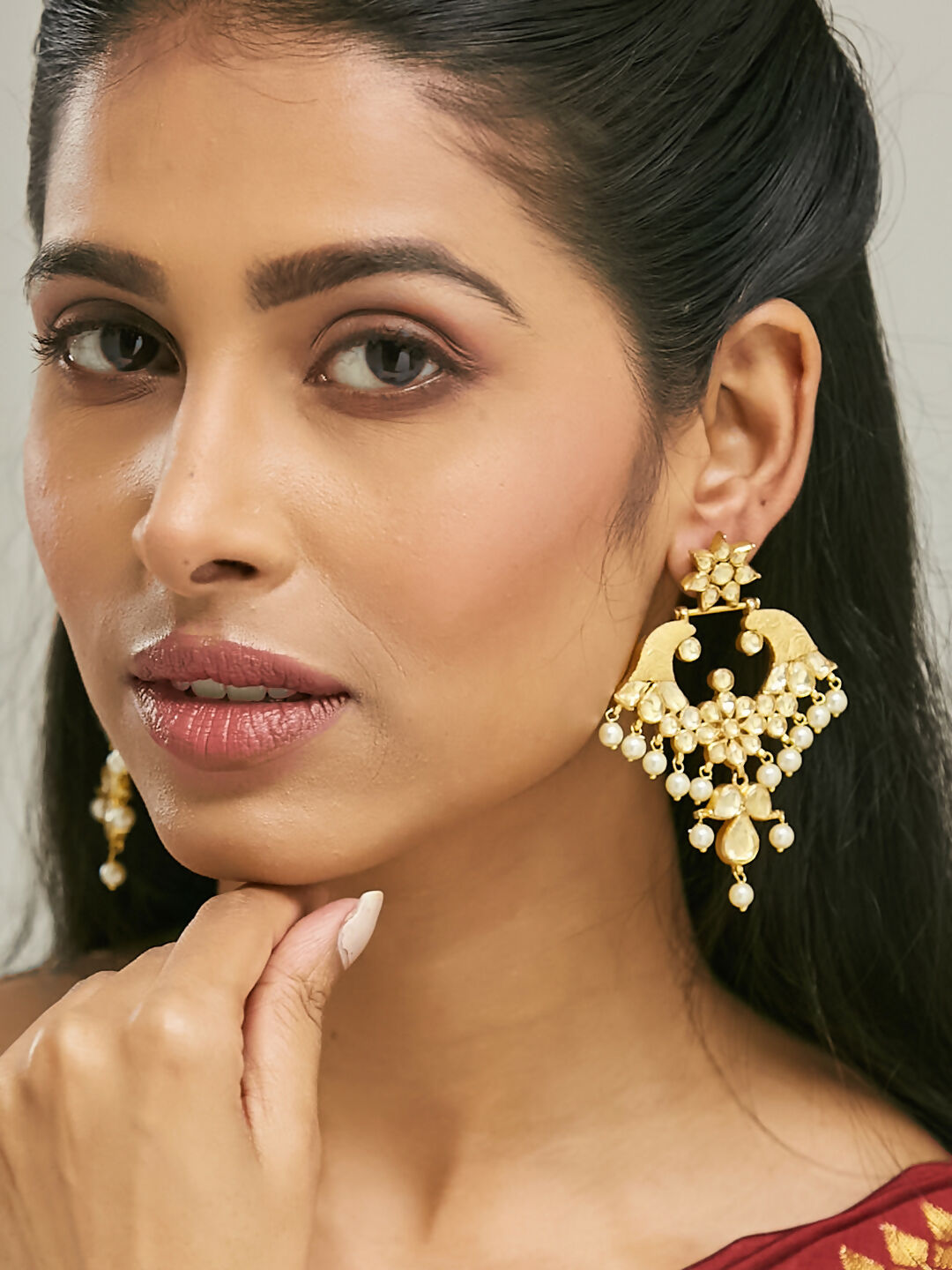 Nuyug 22K Gold-Plated Kundan and Pearl Earrings with Floral Stud and Intricate Crescent Design Chandbalis | Swadesiicart