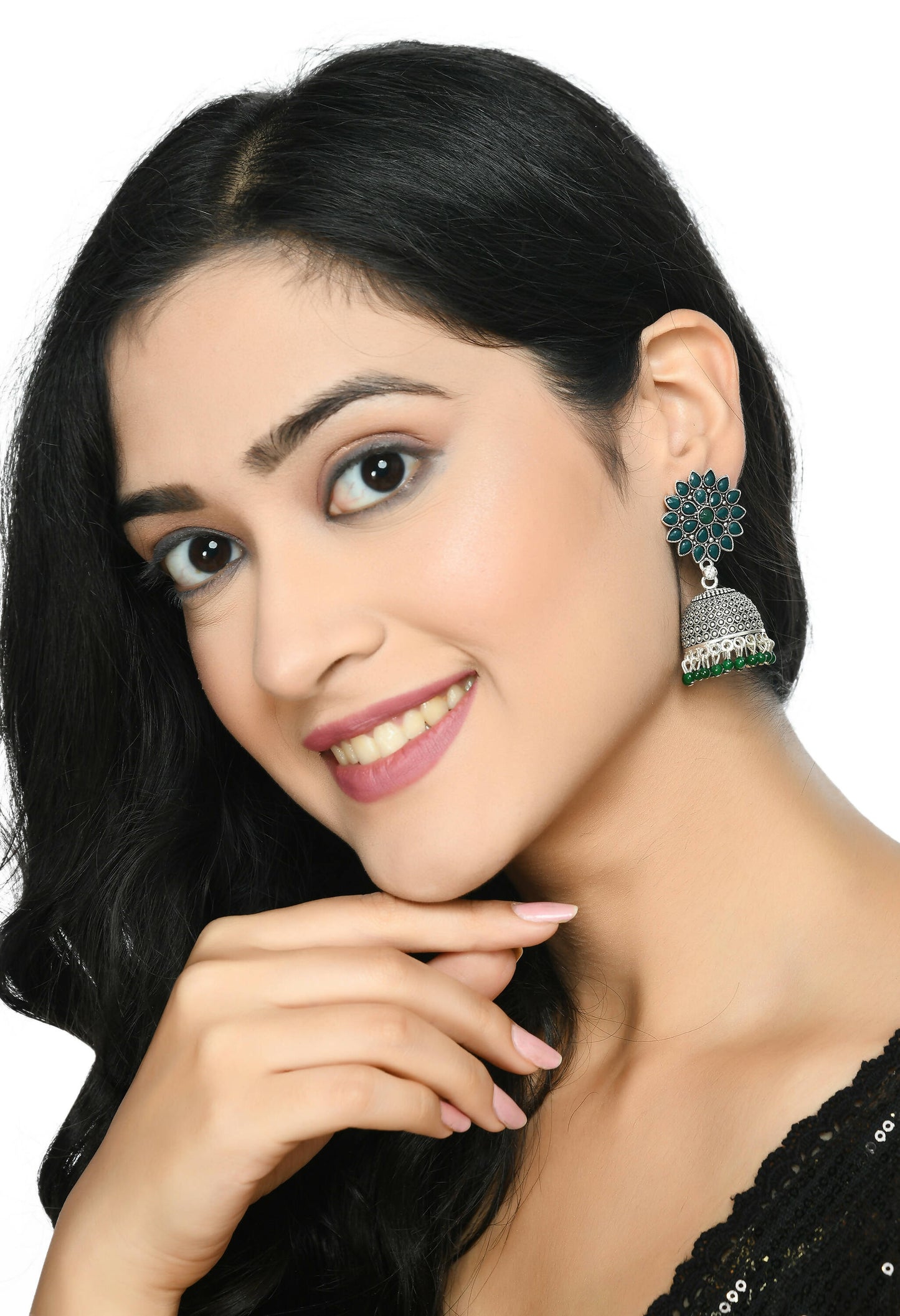 Mominos Fashion Joharkamal Kundan work Jhumka with Green Beads - Swadesiicart