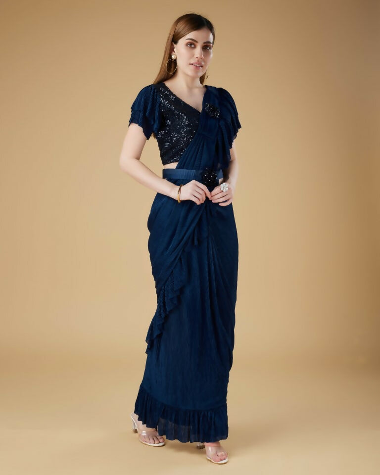 Blue Imported Crush Solid Ready to Wear Saree with stitched Blouse - Aayan | Swadesiicart