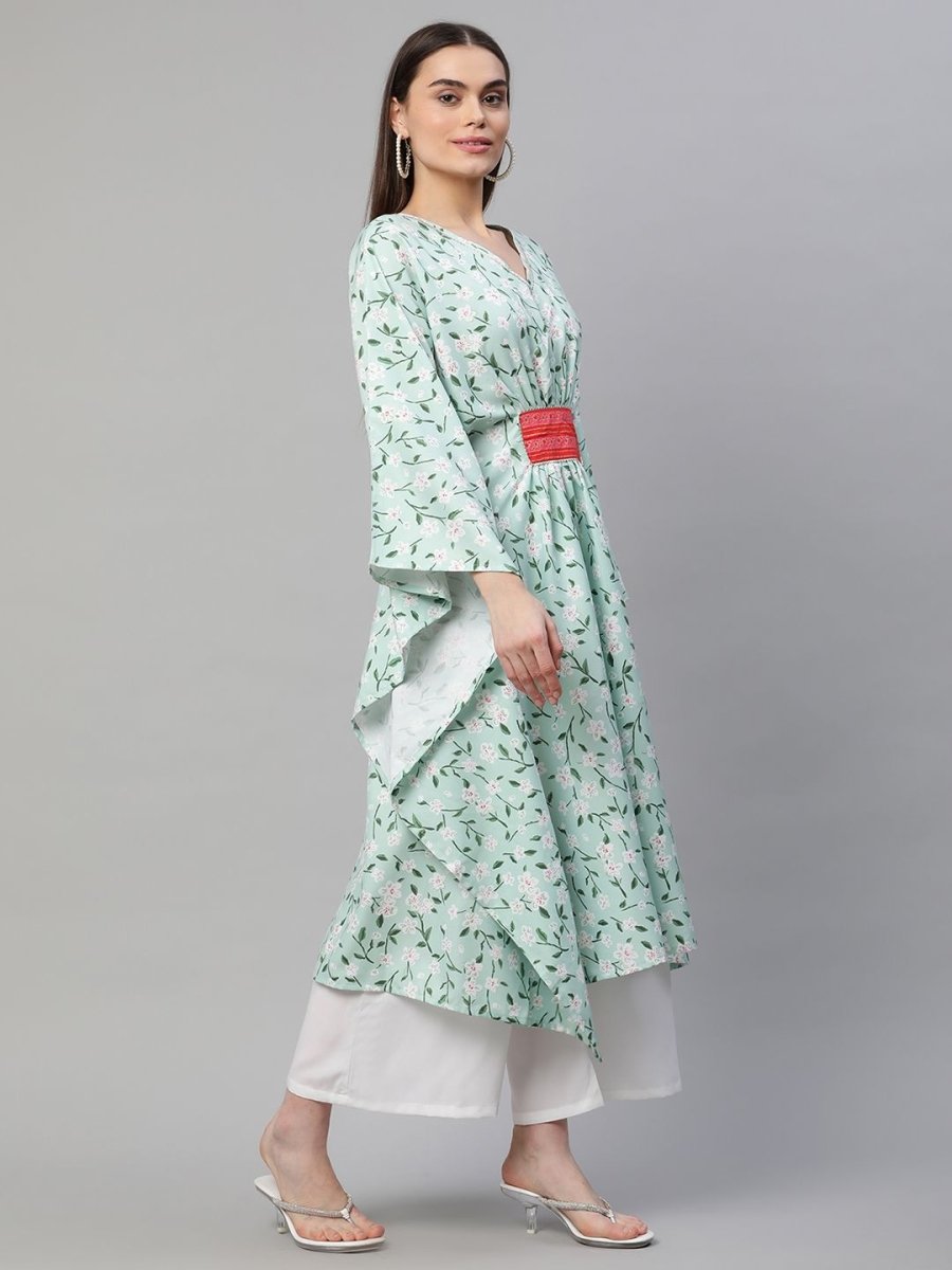 Ahalyaa Women Light Green Rayon Printed Flared Sleeve Kaftan Kurta | Swadesiicart