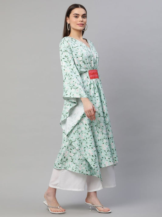 Ahalyaa Women Light Green Rayon Printed Flared Sleeve Kaftan Kurta | Swadesiicart