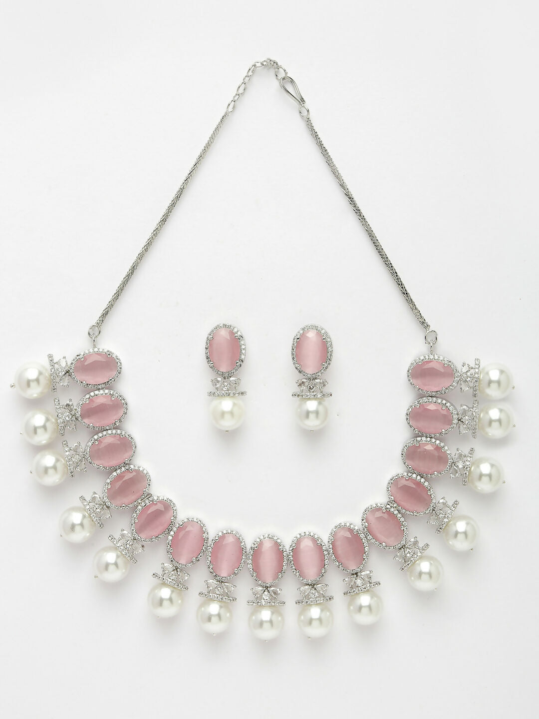 NVR Women's Silver-Plated Pink American Diamond Studded Handcrafted Jewellery Set - Swadesiicart