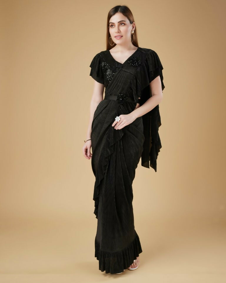 Black Imported Crush Solid Ready to Wear Saree with stitched Blouse - Aayan | Swadesiicart