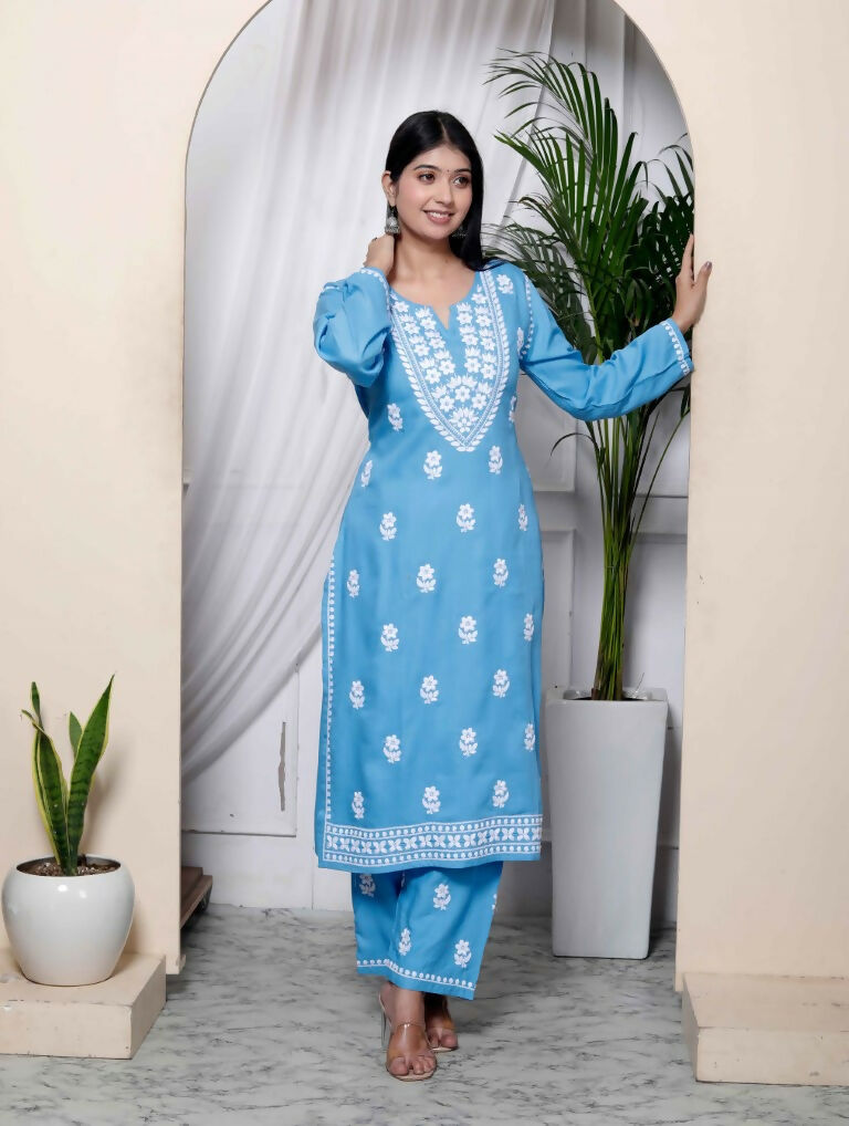 Miravan Women's Chikankari Embroidery Sky Blue Straight Kurta And Palazzo | Swadesiicart