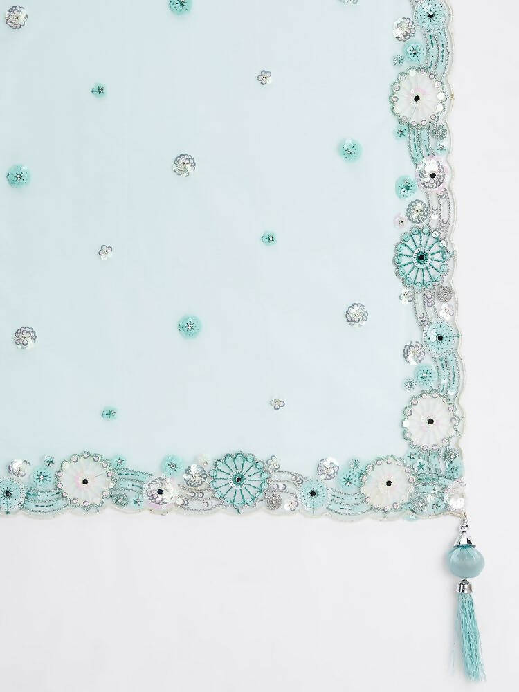 House of Panchhi Turquoise Blue Organza Sequins, Zarkan And Thread Embroidery Lehenga Choli & Dupatta | Swadesiicart