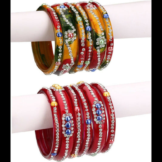 Afast Bridal Wedding & Party Fashionable Colorful Glass Bangle/Kada Set, Pack Of 12 - Yellow, Red - Afast Enterprises