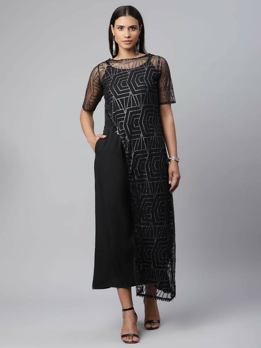 Ahalyaa Womens Black Crepe & Net Glitter Print Jumpsuit - Swadesiicart