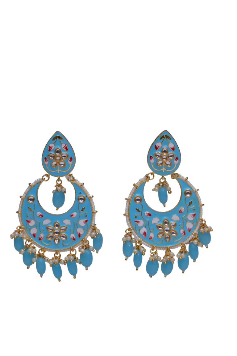 Blue Gold-Polished Brass & Pearl Dangle Women Earrings| Hand Painted Meenakari Chandbali Traditional Ethnic Wear Earrings By House of Ree - Swadesiicart