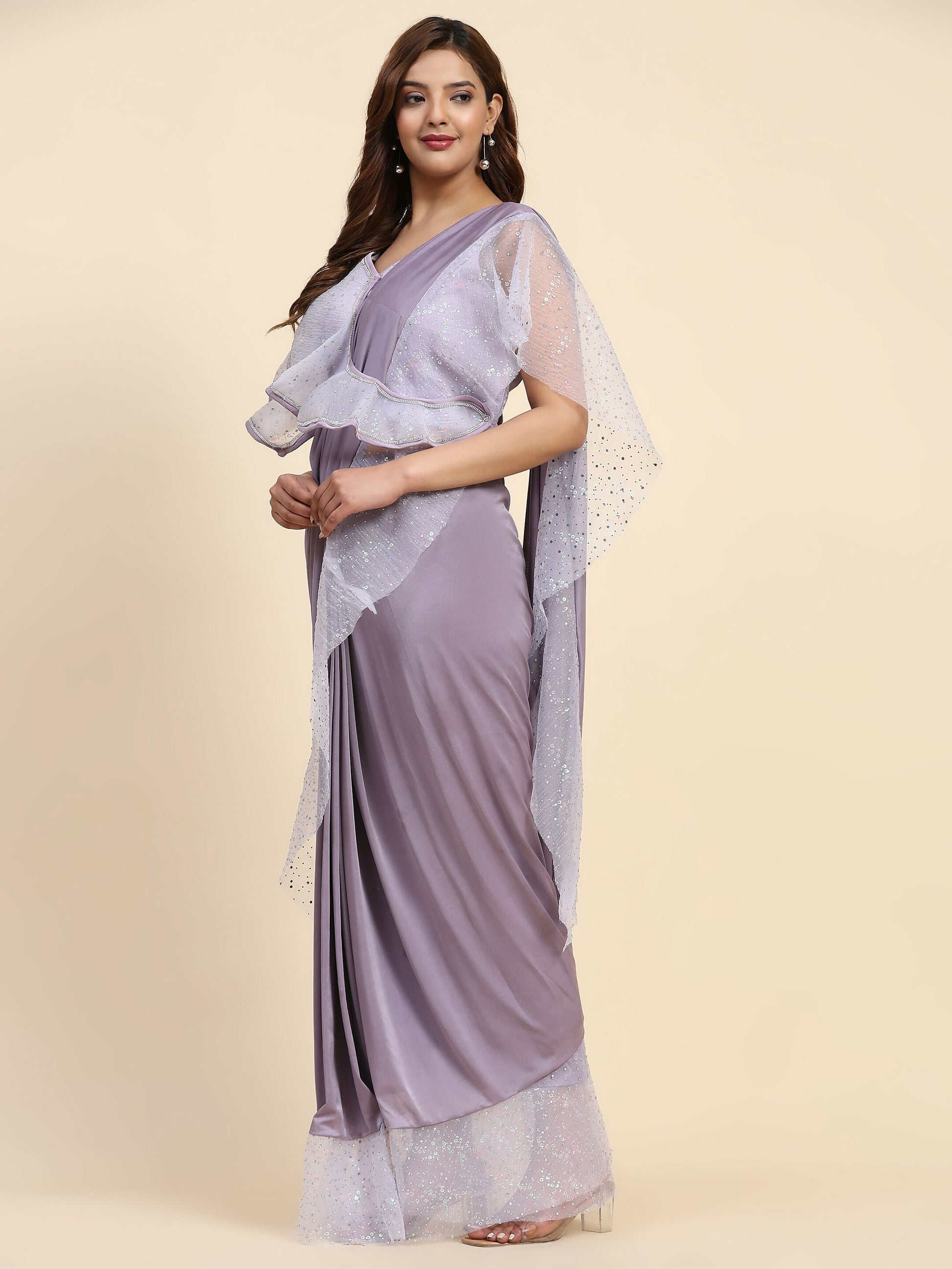 Light Purple Lycra Solid Ready to Wear Saree with stitched Blouse - Nita | Swadesiicart