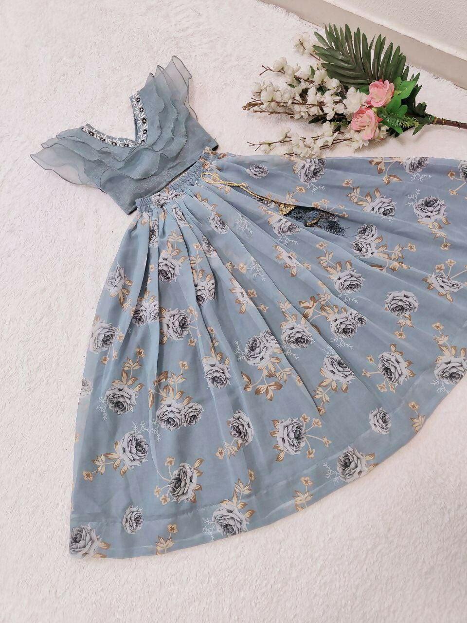 Jyoti Fashion Charming Grey Faux Georgette Digital Printed with Fancy Latkan Work Kids Lehenga Choli Set | Swadesiicart