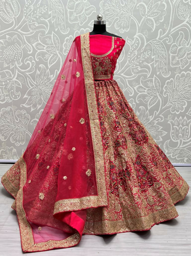 Jyoti Fashion Women's Rani Pink Silk Fancy Dori & Sequins Multi Thread Embroidered with Diamond Work Wedding Lehenga Choli | Swadesiicart